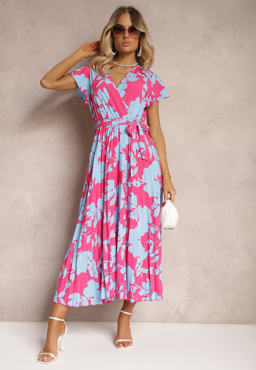 Różowo-Niebieska Kopertowa Plisowana Sukienka Koktajlowa z Gumką i Paskiem w Talii Benelsea