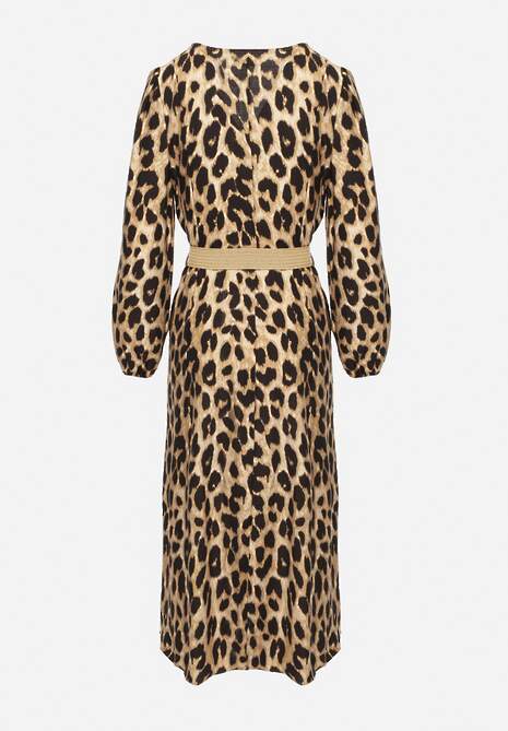 Brązowa Panterkowa Sukienka z Wiskozą o Rozkloszowanym Kroju z Paskiem Meliri