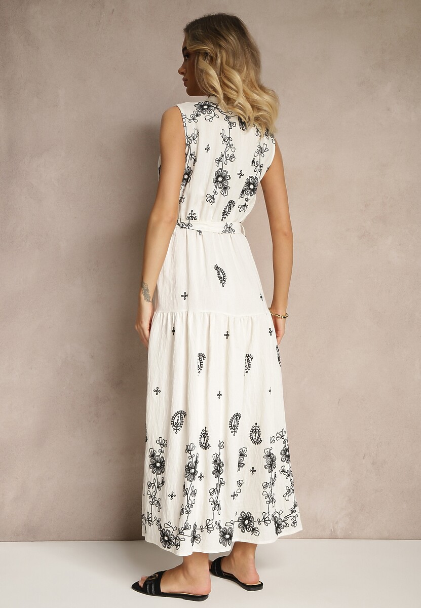 Biała Sukienka Bez Rękawów z Koszulową Górą Ozdobiona Haftem Mepiora