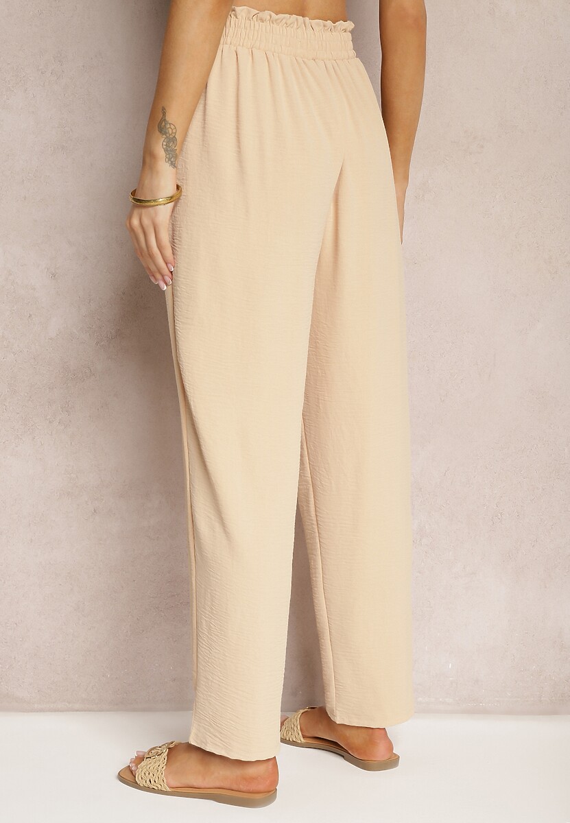 Beżowe Spodnie High Waist Wiązane w Pasie Wykończone Gumką w Talii Dimixi