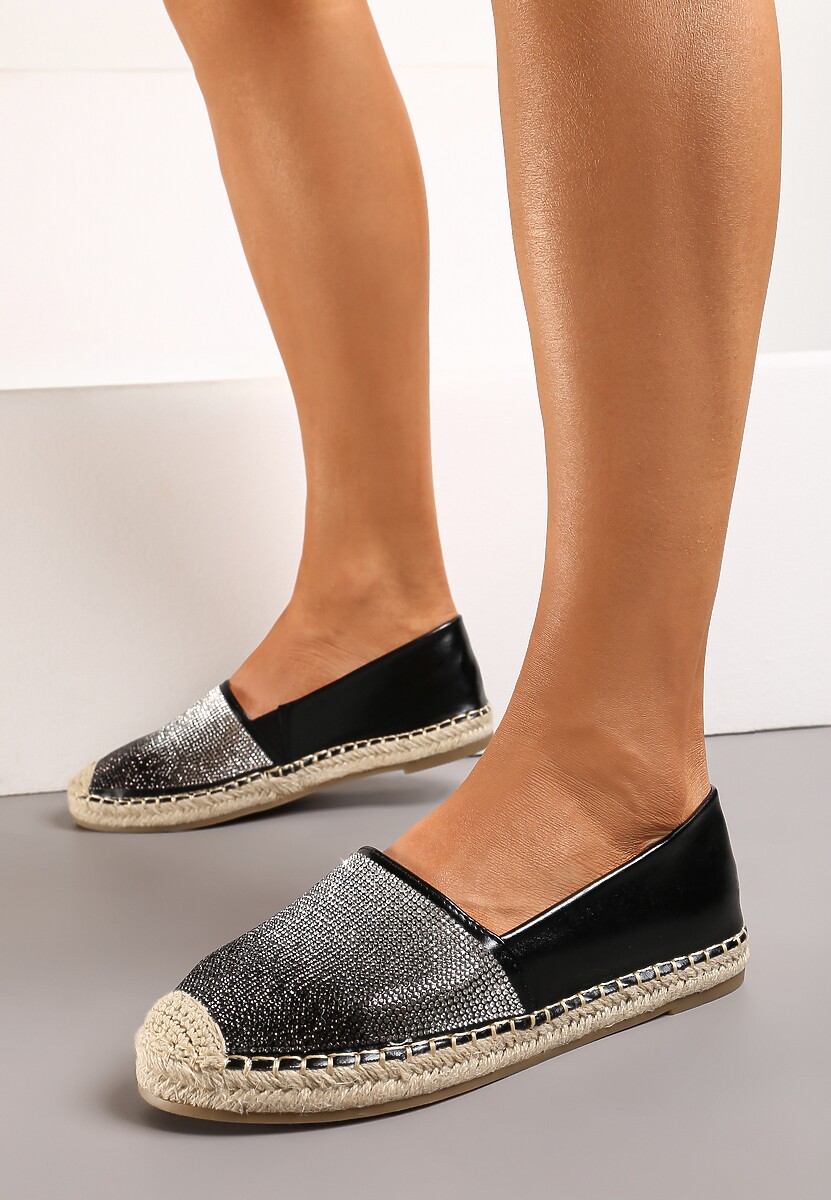 Czarne Płaskie Espadryle z Plecionką i Cyrkoniami Dadessa