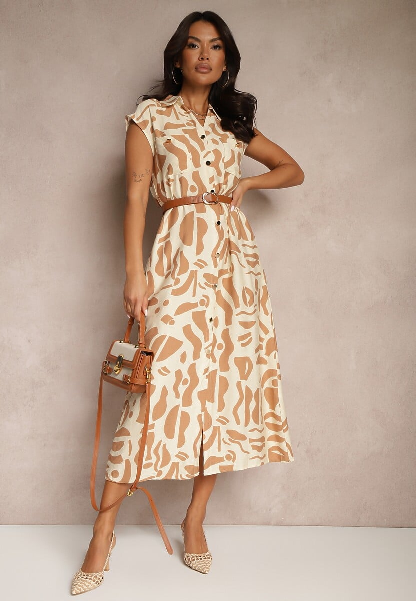 Zielona Sukienka Koszulowa z Kieszeniami w Geometryczny Print Arathia