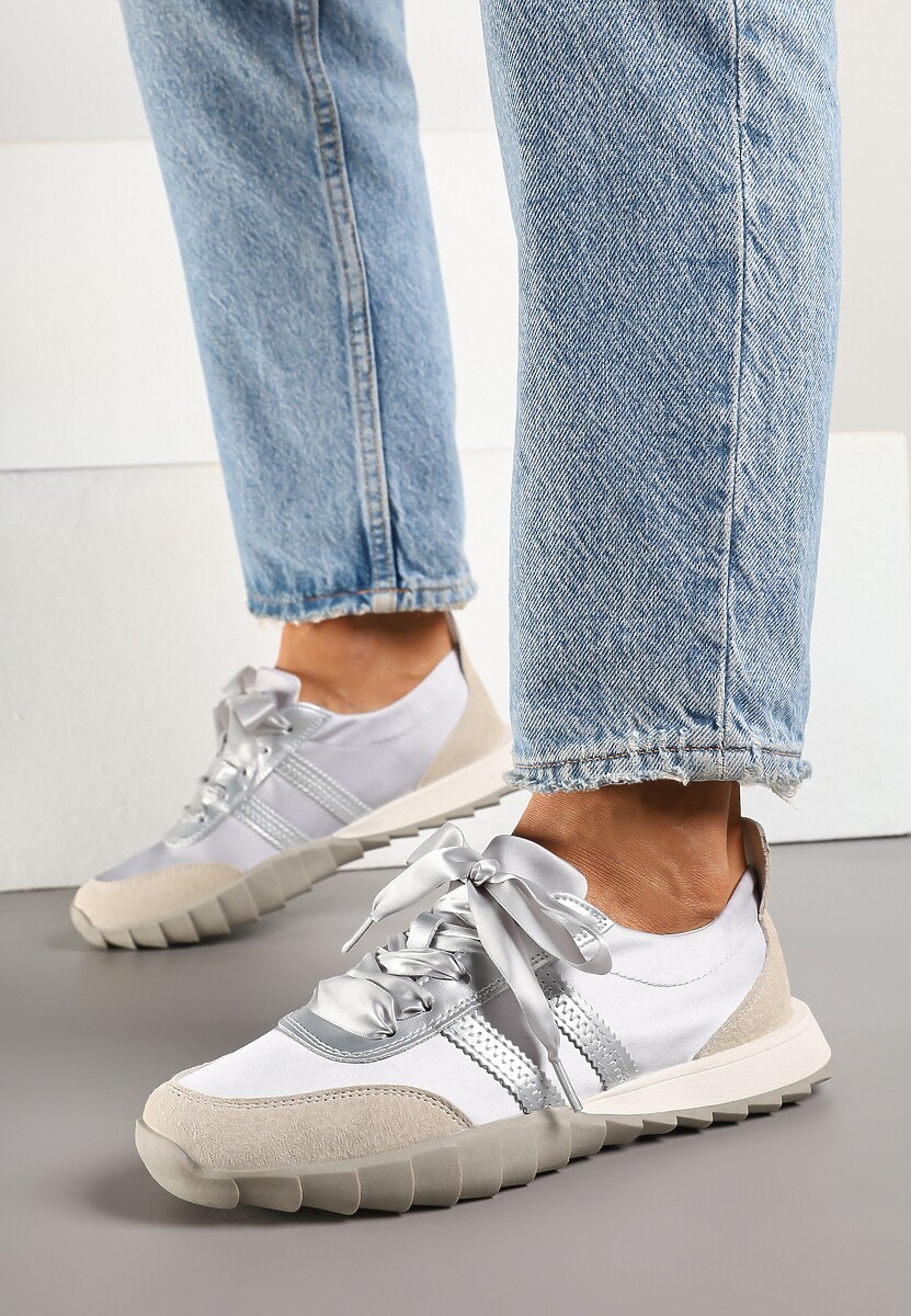 Szare Sneakersy Klasyczne Tenisówki ze Skóry Naturalnej z Satynowym Wiązaniem Viviantia