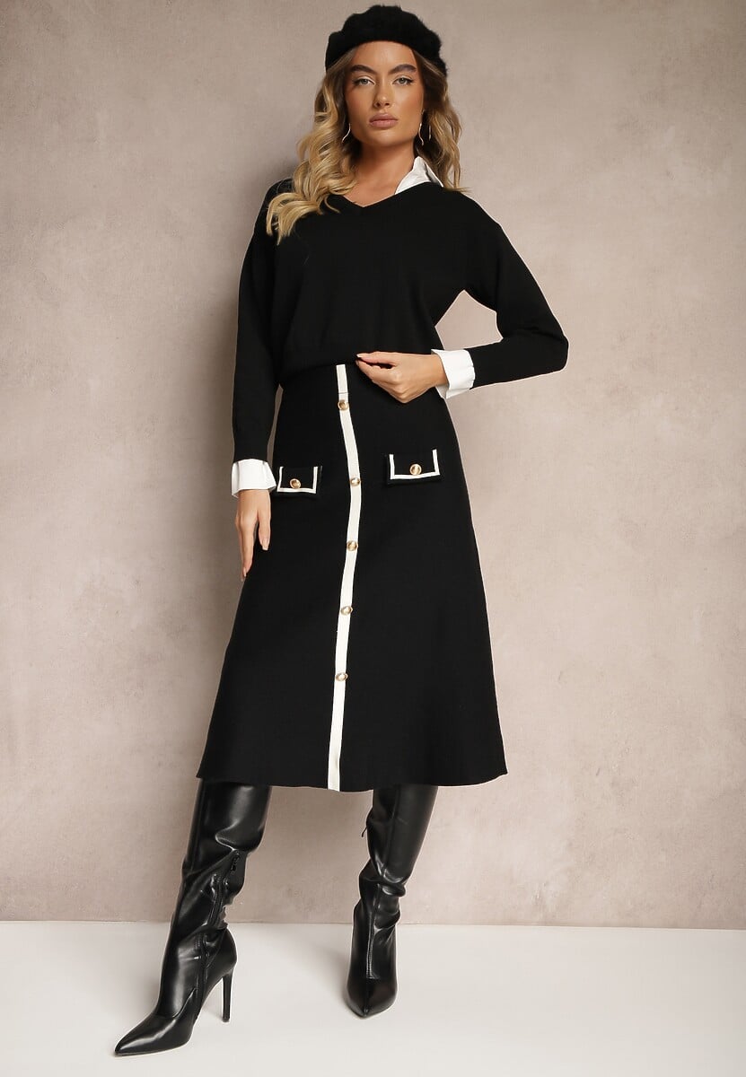 Czarna Spódnica High Waist z Guzikami Imitacją Kieszeni i Gumką w Pasie Melorana