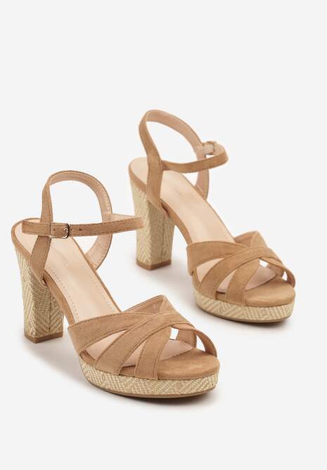 Brązowe Sandały na Słupkowym Obcasie o Tweedowej Fakturze Fodivira