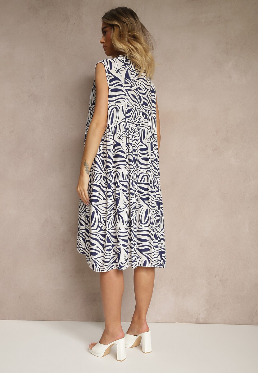 Granatowa Rozkloszowana Sukienka z Bawełny w Geometryczny Wzór Annilessa