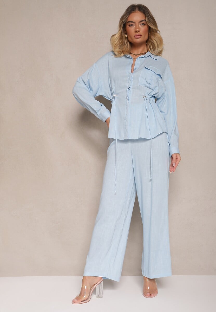Niebieski Komplet z Wiskozą Spodnie o Szerokim Kroju i Koszula Ściągana w Talii Divanea