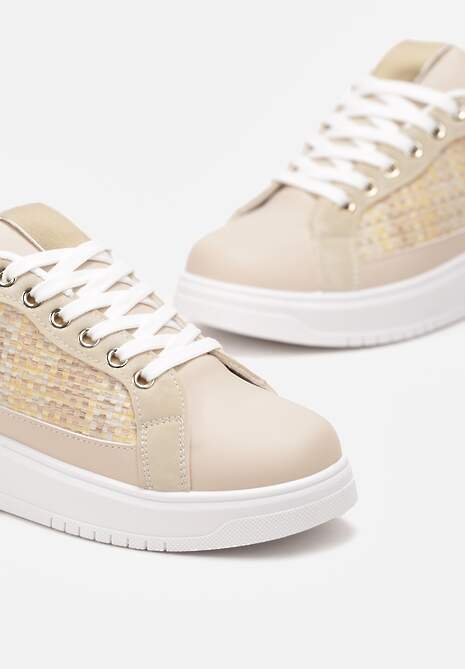Biało-Beżowe Sneakersy z Przeplataną Wstawką Olimua