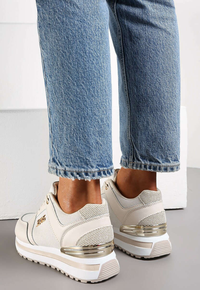 Beżowe Brokatowe Sneakersy na Ozdobnej Podeszwie przed Kostkę Jariana