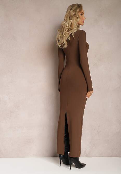 Ciemnobrązowa Dopasowana Sukienka Maxi z Kwadratowym Dekoltem Fioral