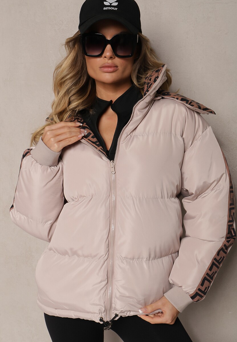 Beżowa Casualowa Kurtka Dwustronna Typu Puffer ze Ściągaczami i Kapturem Erisalanne