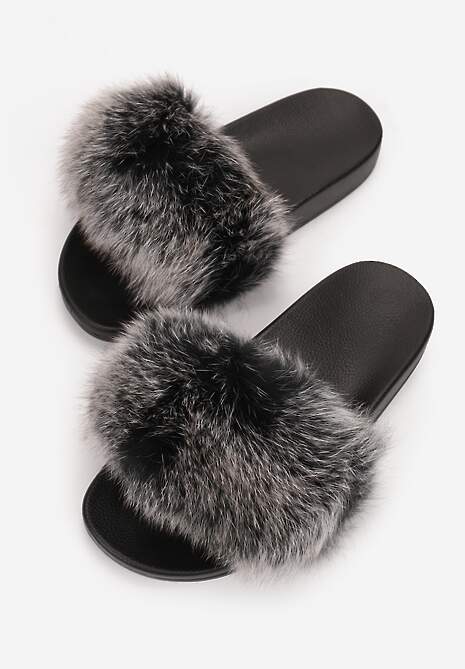 Czarno-Szare Klapki z Futrem Turtlefeather