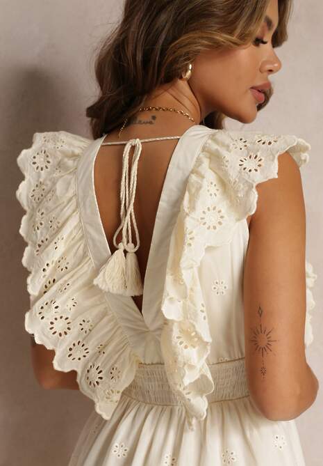 Beżowa Bawełniana Sukienka z Haftem i Falbankami Casira