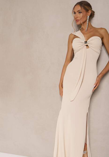 Beżowa Asymetryczna Sukienka Koktajlowa Ozdobiona Metaliczną Aplikacją Divianis