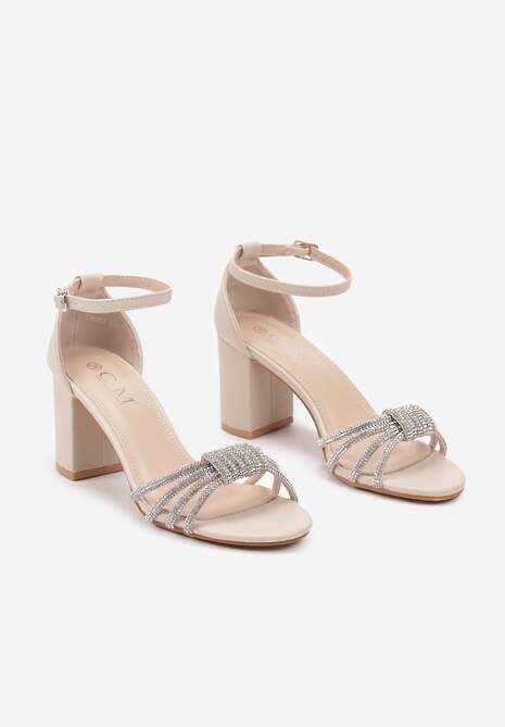 Beżowe Eleganckie Sandały na Słupku z Cyrkoniowymi Paskami Merilinae