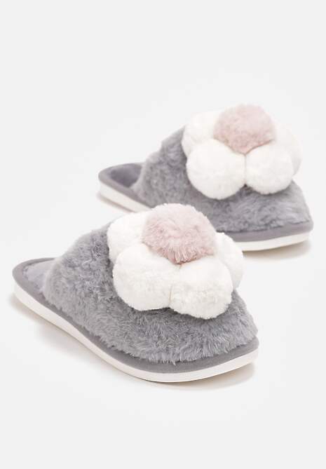 Szare Kapcie ze Sztucznego Futra z Aplikacją 3D w Kształcie Kwiatka Melisande