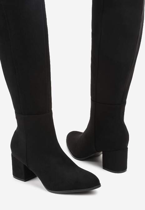 Czarne Kozaki Vices z Imitacji Zamszu na Niskim Obcasie Typu Słupek Ilovea