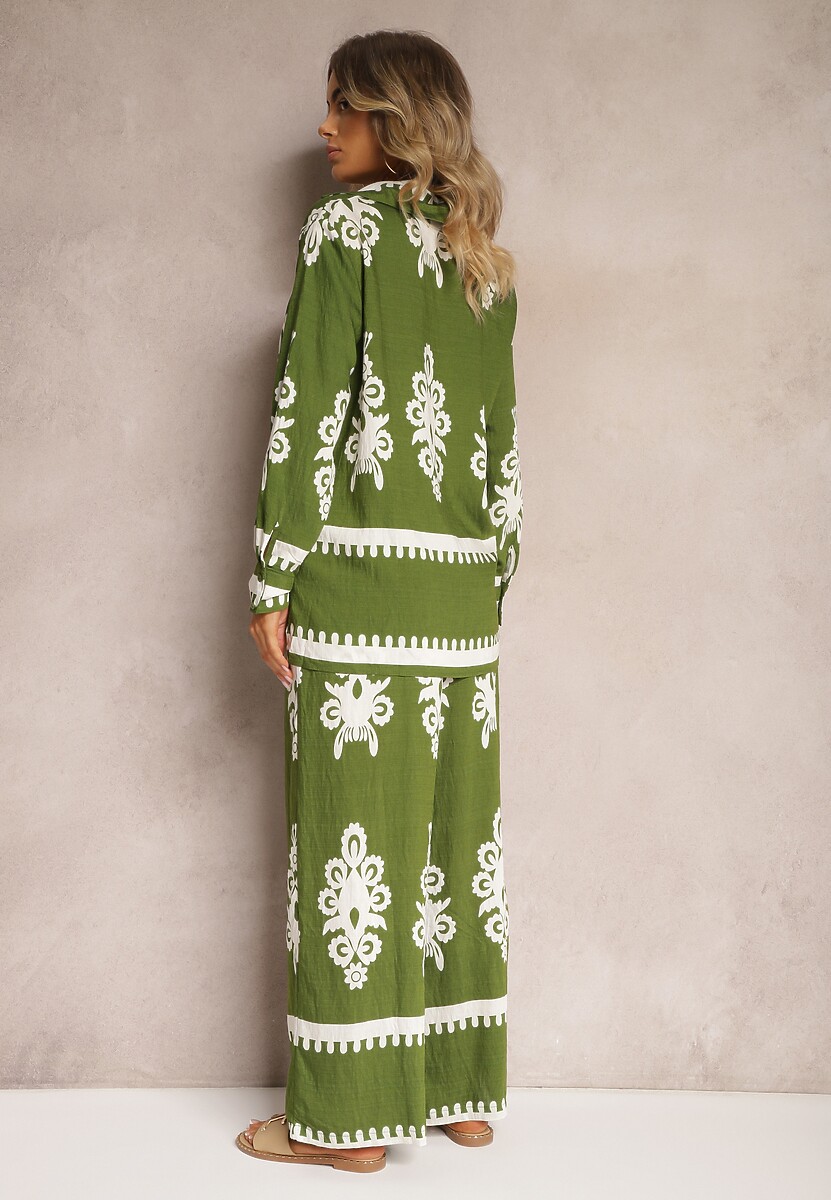 Zielony Wiskozowy Komplet w Kwiaty Szerokie Spodnie z Gumką w Pasie i Koszula Fawnla