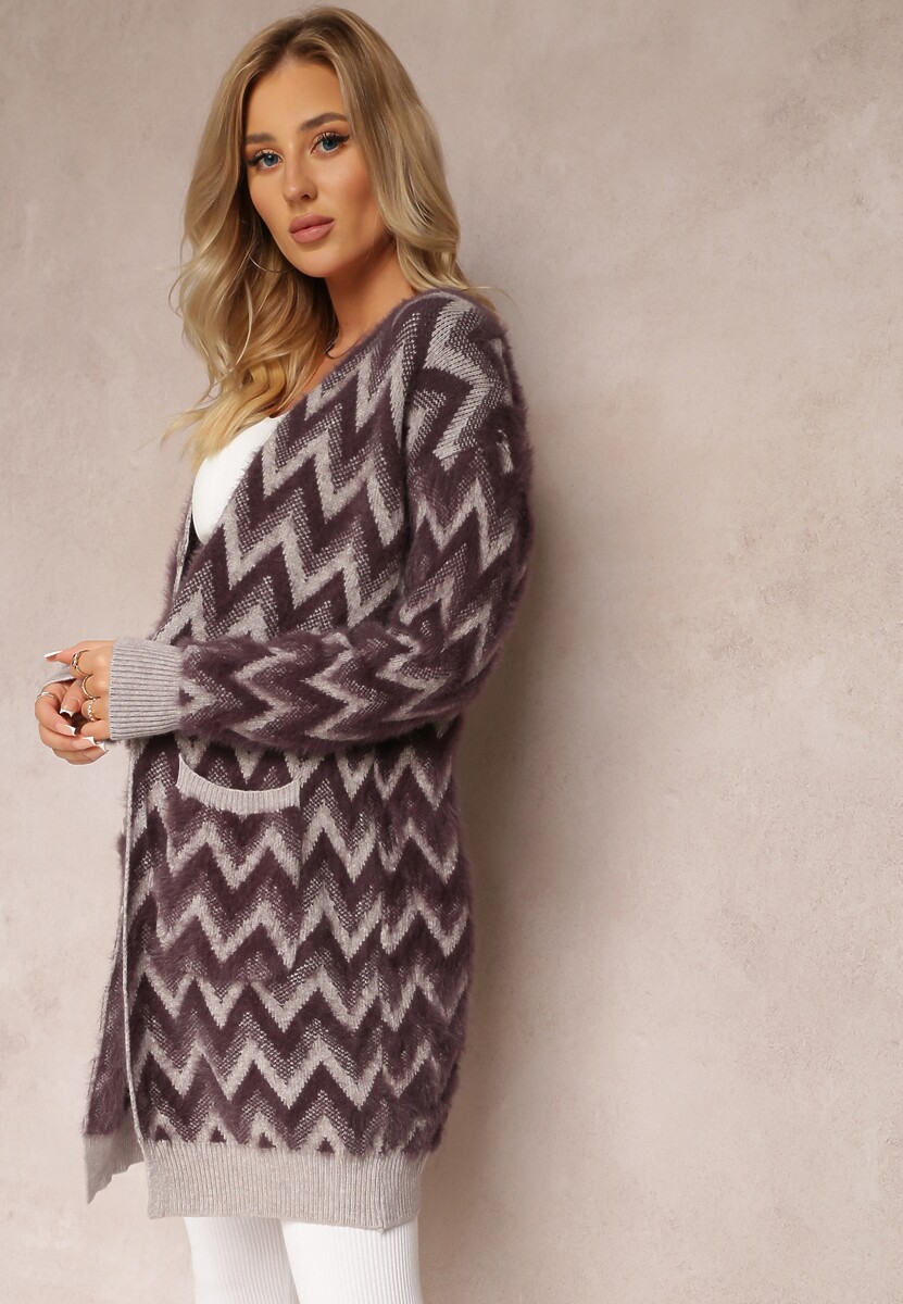Ciemnofioletowy Niezapinany Kardigan o Przedłużonym Fasonie w Zygzaki Chevron Oherna