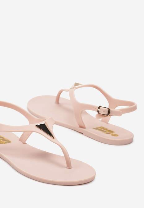 Ciemnobeżowe Płaskie Sandały w Stylu Japonek Zapinane na Sprzączkę z Aplikacją Abirena