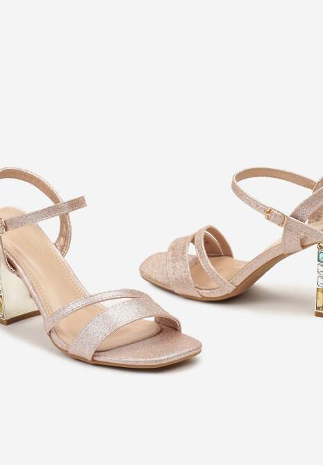 Szampańskie Sandały Zapinane na Sprzączkę z Kryształkami na Słupku i Brokatem Laquie