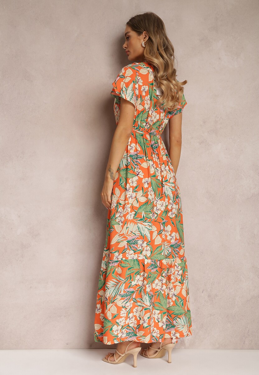 Pomarańczowa Sukienka z Wiskozy Maxi w Kwiaty Mahiza