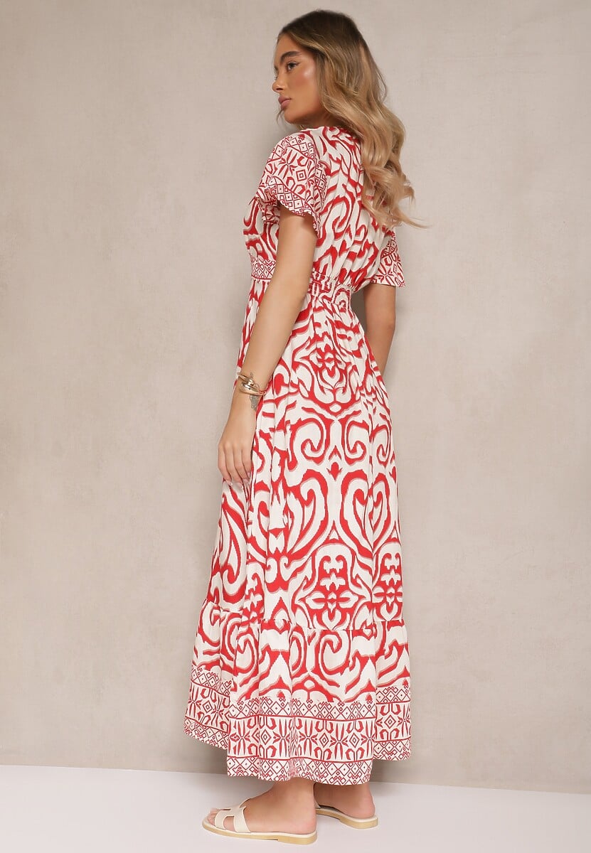 Czerwona Rozkloszowana Sukienka Zdobiona Ornamentalnym Printem Tillinelle