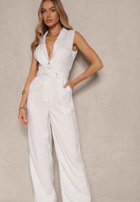 Biały Elegancki Kombinezon Garniturowy w Delikatne Prążki Sarilva