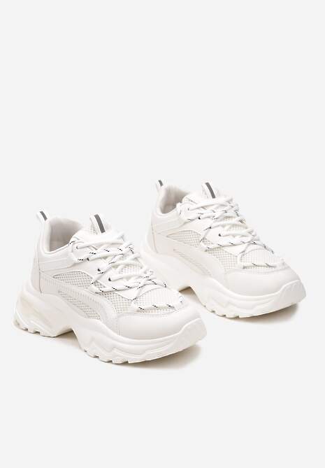 Białe Sneakersy na Masywnej Podeszwie z Siateczkowym Wstawkami i Ozdobnymi Sznurówkami Ollavia