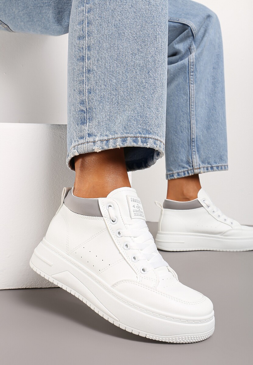Biało-Szare Sneakersy z Cholewką za Kostkę i Perforacją Alinetapia