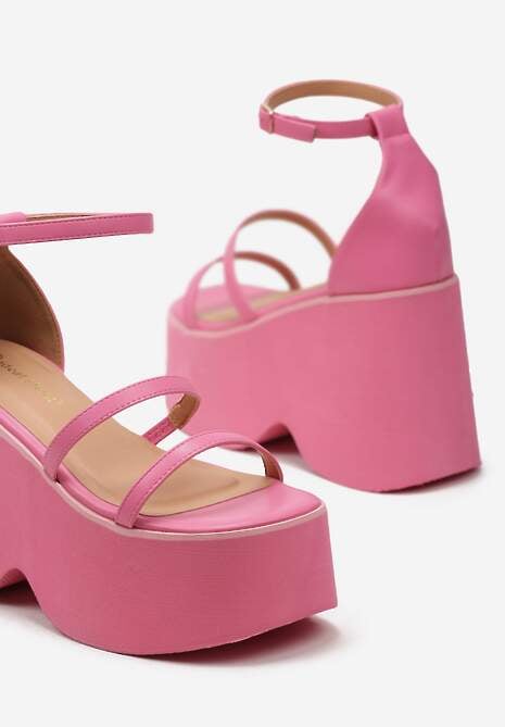 Różowe Wysokie Sandały na Masywnej Platformie i Koturnie z Cienkimi Paseczkami  Taunna