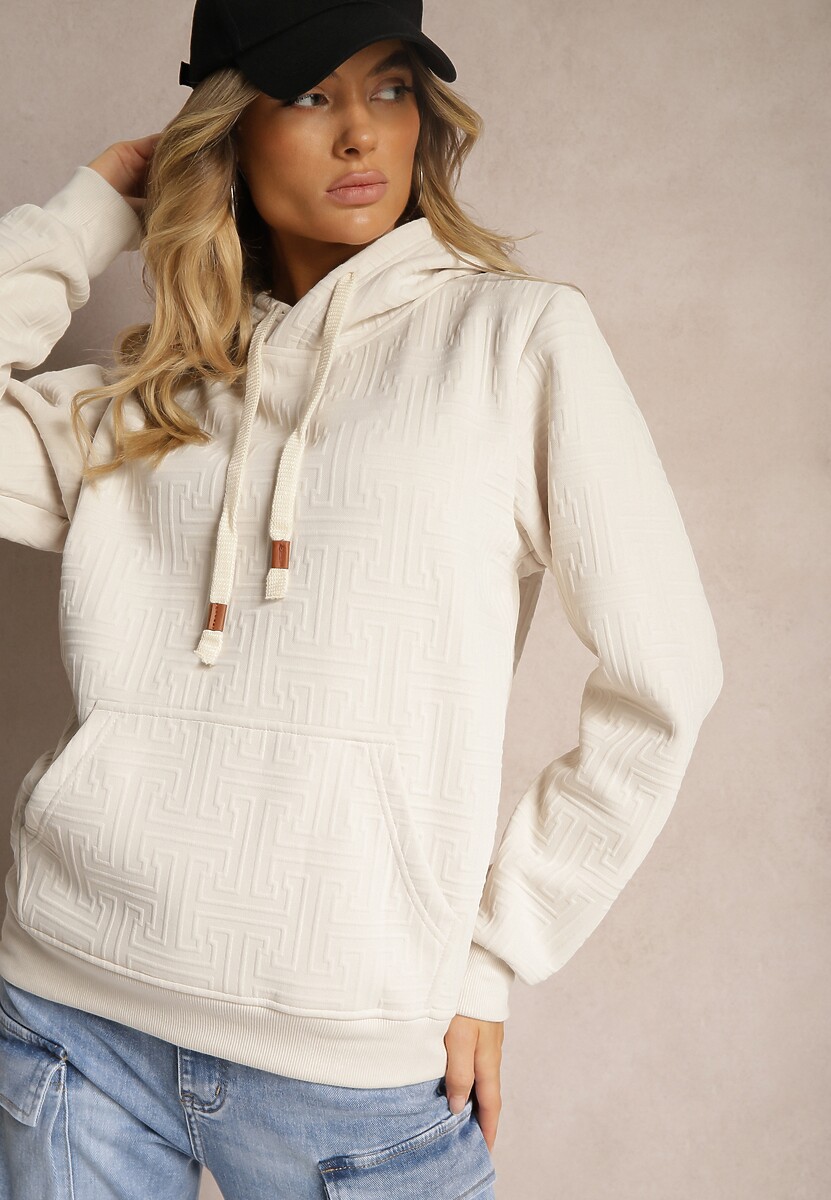 Beżowa Bluza z Dodatkiem Bawełny i Kapturem Ozdobiona Kangurową Kieszenią i Ściągaczami Qadela