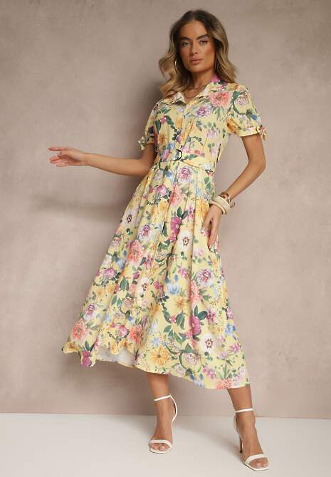 Żółta Koszulowa Sukienka w Kwiaty o Rozkloszowanym Fasonie z Paskiem Fevalirra