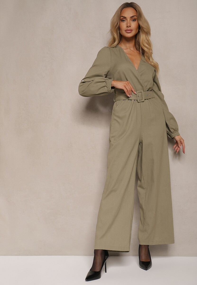Zielony Kopertowy Kombinezon z Bawełny z Dodatkowym Paskiem i Gumką w Talii Rinnarela
