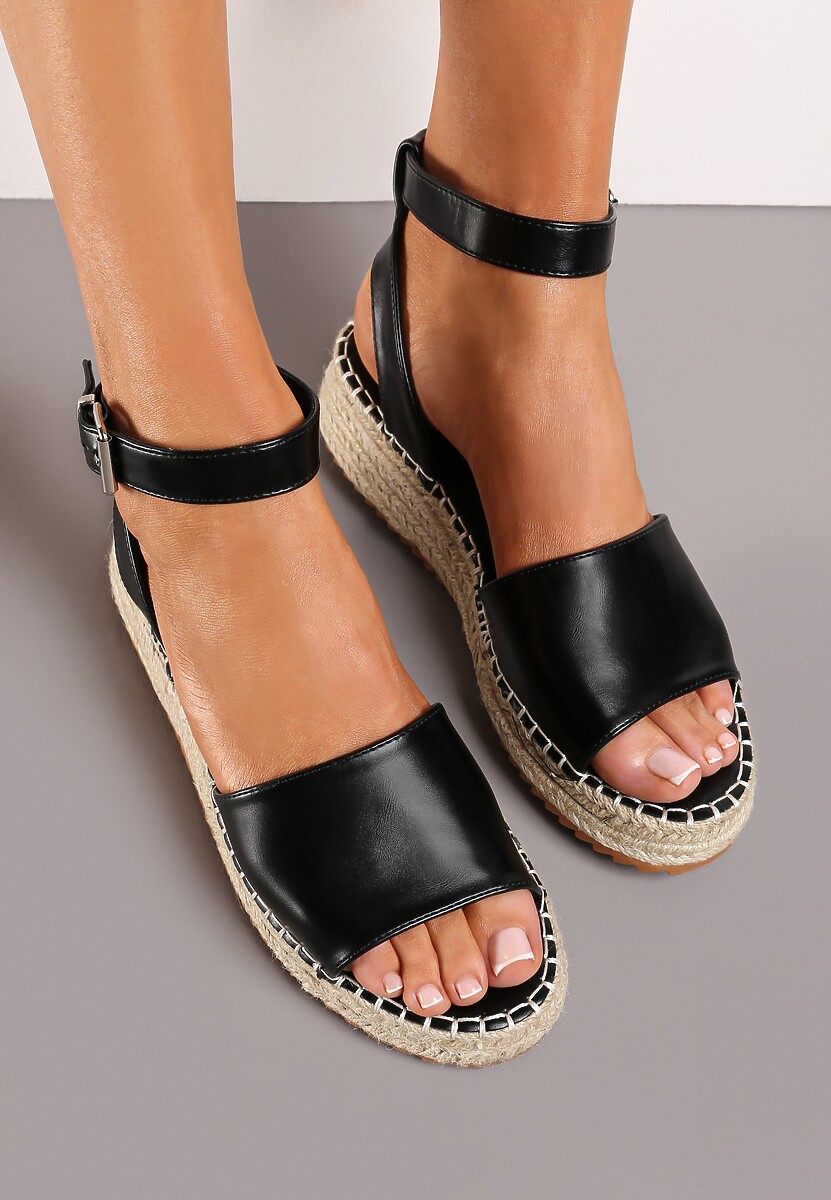 Czarne Sandały na Płaskim Obcasie z Plecionką i Paskiem ze Sprzączką Linrewa