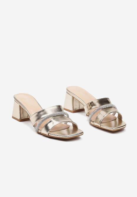 Złote Eleganckie Klapki na Słupku Ozdobione Cyrkoniami na Paskach Lilines