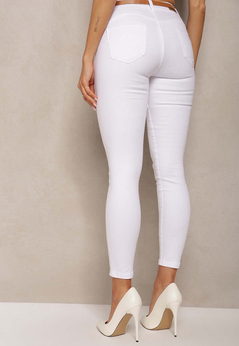 Białe Spodnie Skinny z Bawełny z Dodatkowym Paskiem z Ekoskóry Natsulle