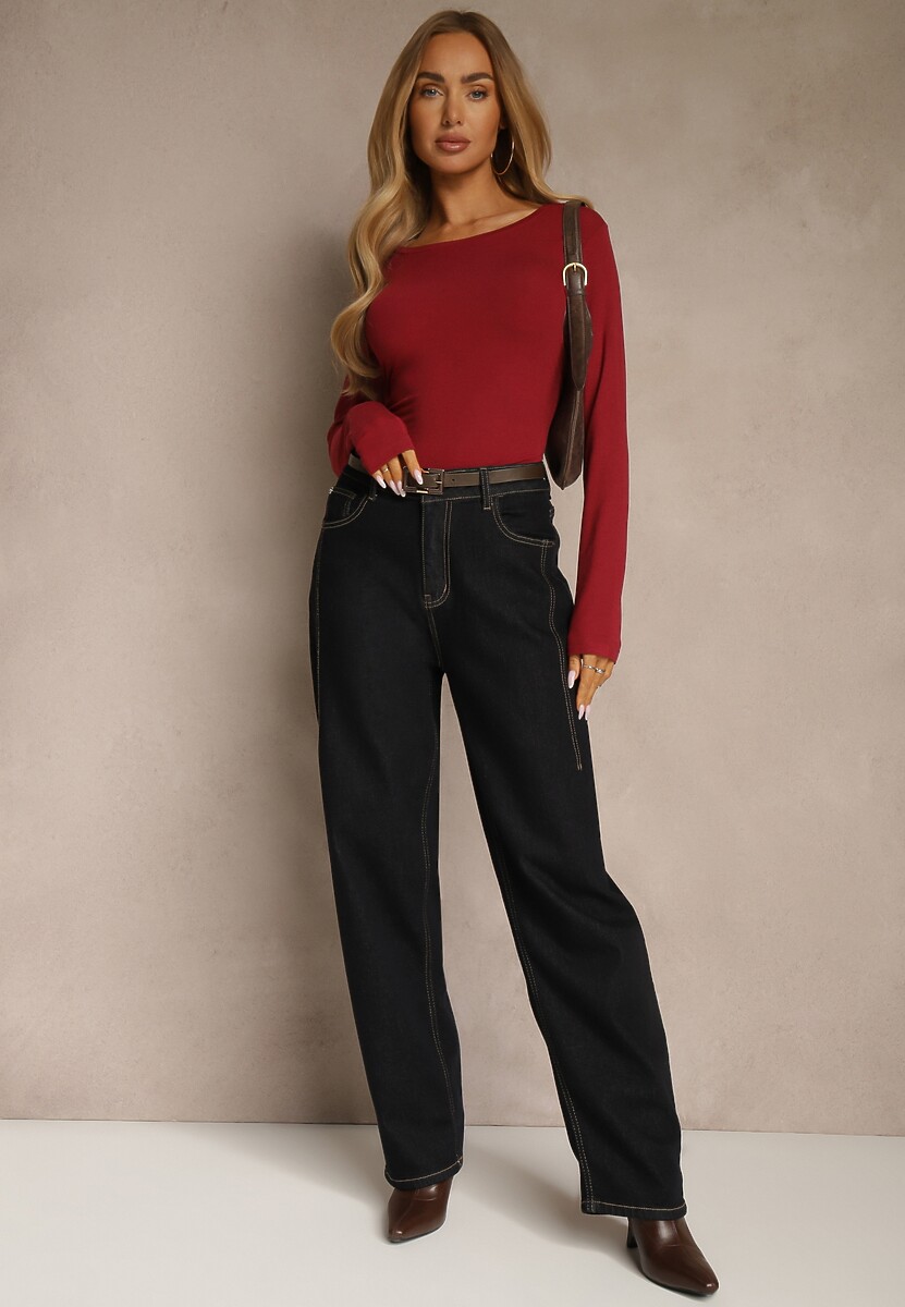 Bordowa Casualowa Bluzka Longsleeve z Okrągłym Dekoltem Unaladesa