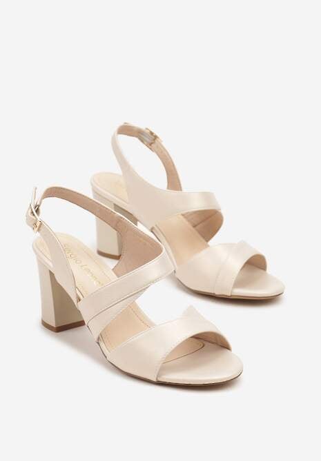 Beżowe Asymetryczne Sandały na Słupkowym Obcasie ze Skórzaną Wkładką Nitolira