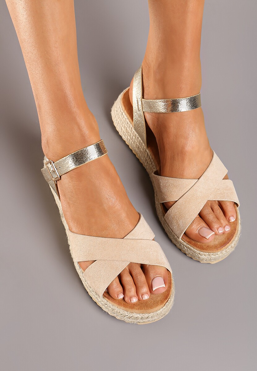 Beżowe Sandały na Platformie Ozdobionej Plecionką Zapinane na Sprzączkę Tiremia
