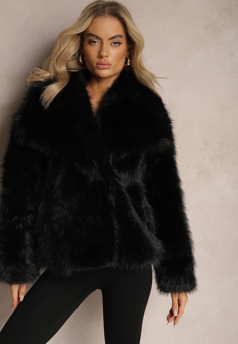 Czarna Kurtka Futro z Długim Włosiem Zelita