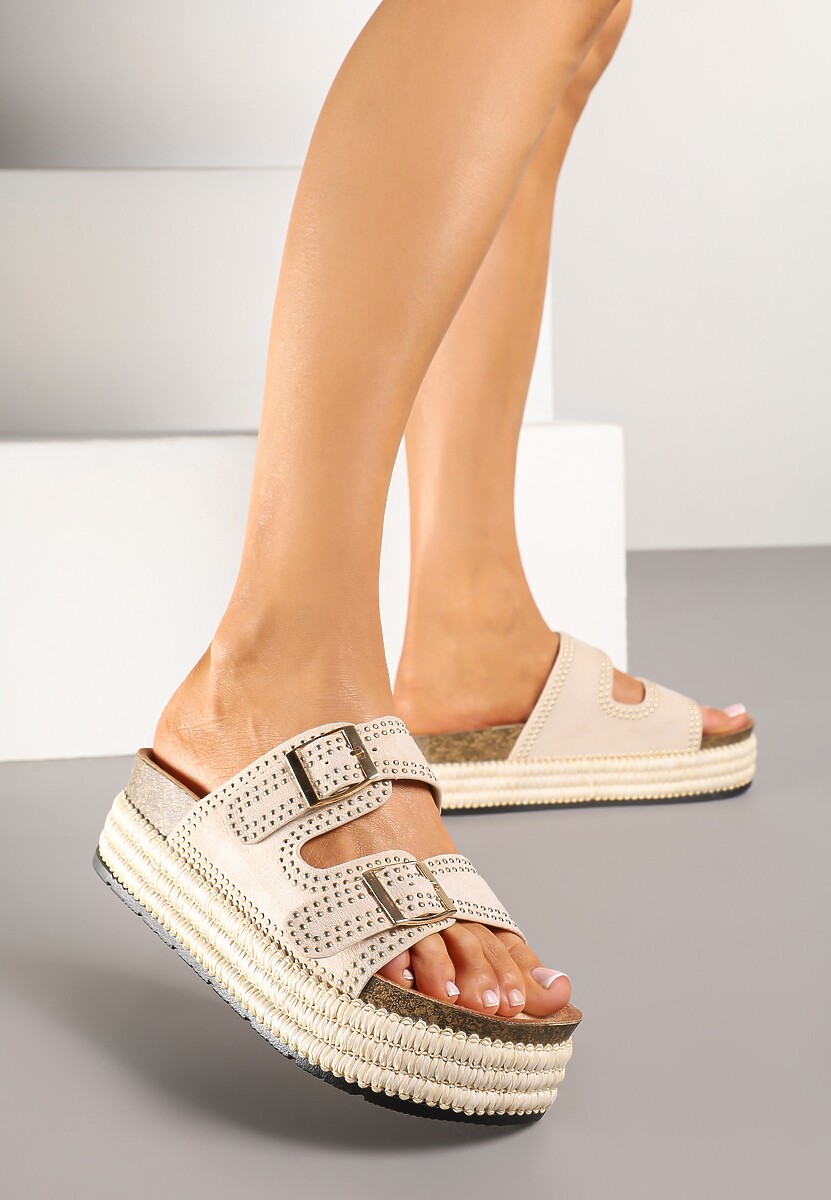 Beżowe Klapki z Regulowanymi Paskami na Grubej Podeszwie z Plecionką Udiriva