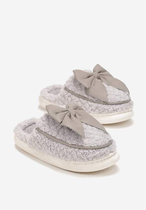 Szare Futrzane Kapcie z Ozdobną Kokardką Minetasia