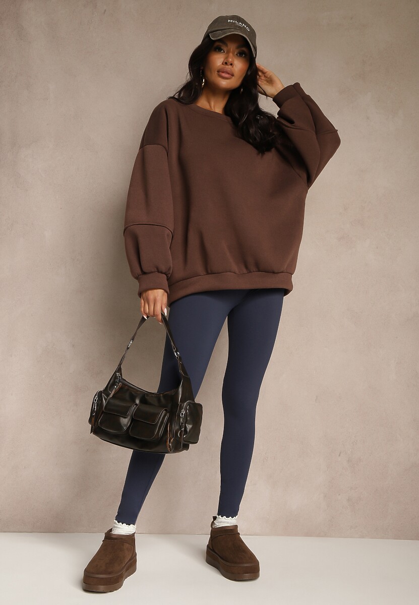 Granatowe Legginsy High Waist z Szeroką Gumką w Talii Aithala