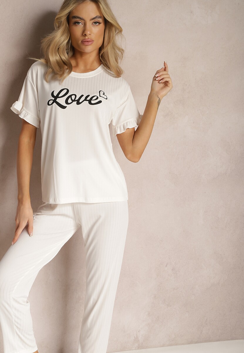 Jasnobeżowy 2-Częściowy Komplet Piżamowy Koszulka z Napisem i Proste Spodnie Niela
