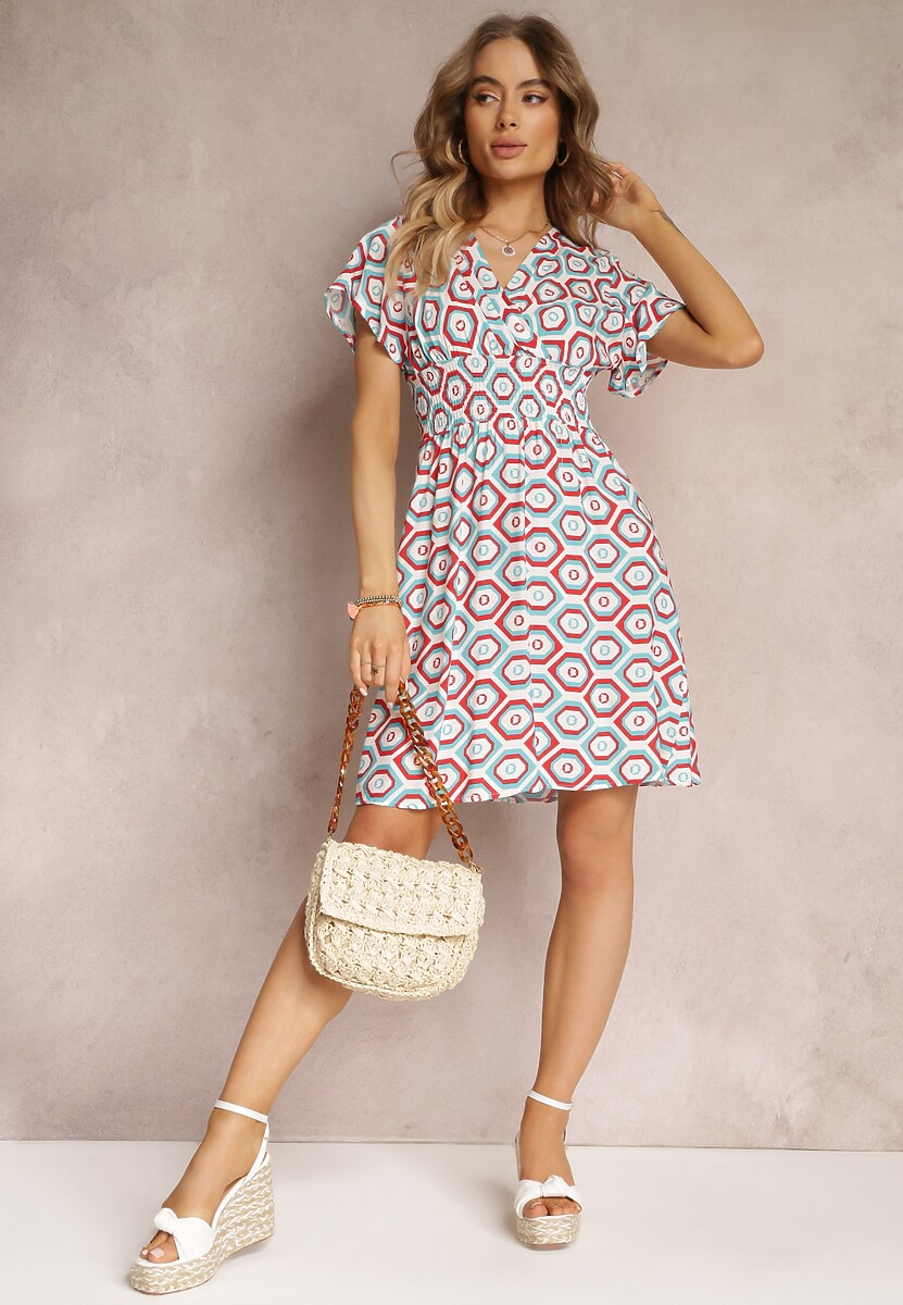 Czerwona Kopertowa Sukienka Mini z Gumką w Talii z Wiskozy Samata