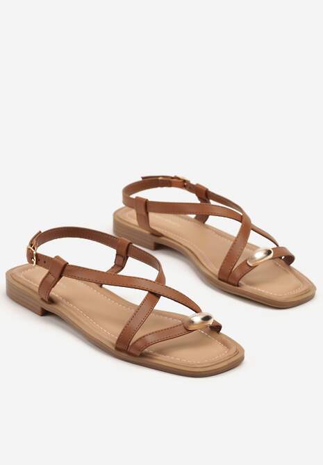Brązowe Płaskie Sandały z Cienkich Paseczków z Metaliczną Ozdobą Sorimea