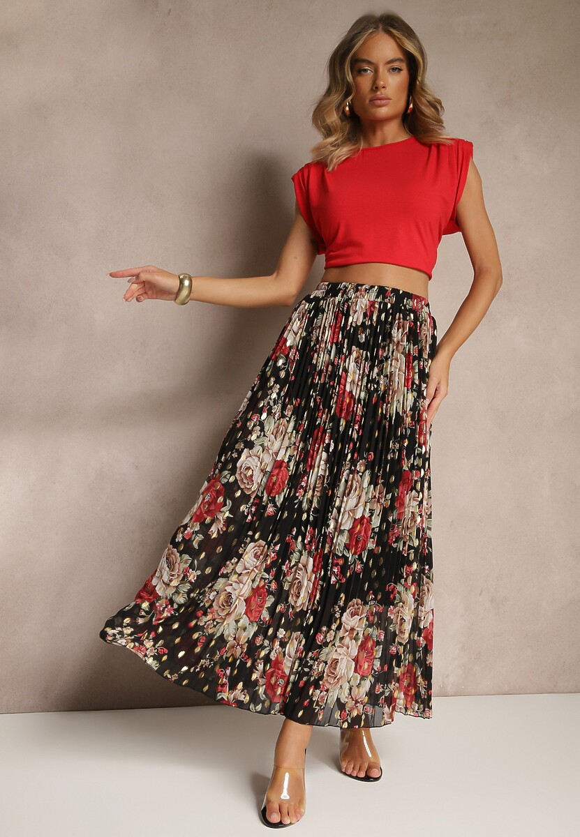 Czarna Rozkloszowana Spódnica z Plisami w Kwiatowy Wzór z Metalicznym Nadrukiem Follenna