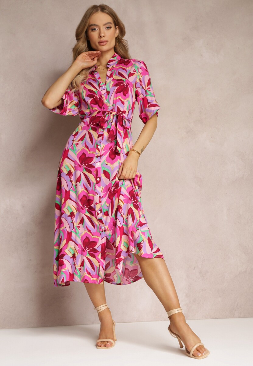 Fuksjowa Sukienka Koszulowa z Wiskozy i Wiązanym Paskiem Batin