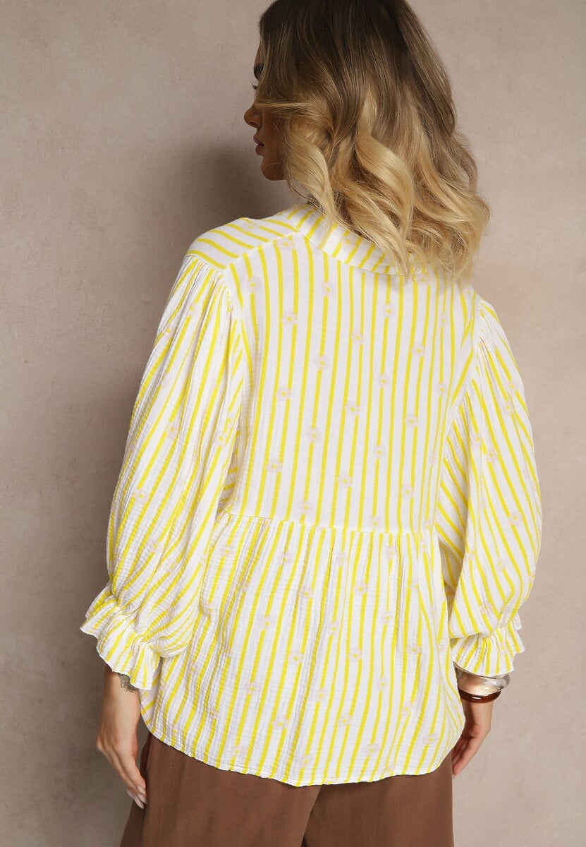 Żółta Koszula z Bawełny z Dekoltem w Serek Zdobiona Kwiatowym Wzorem Mailisse